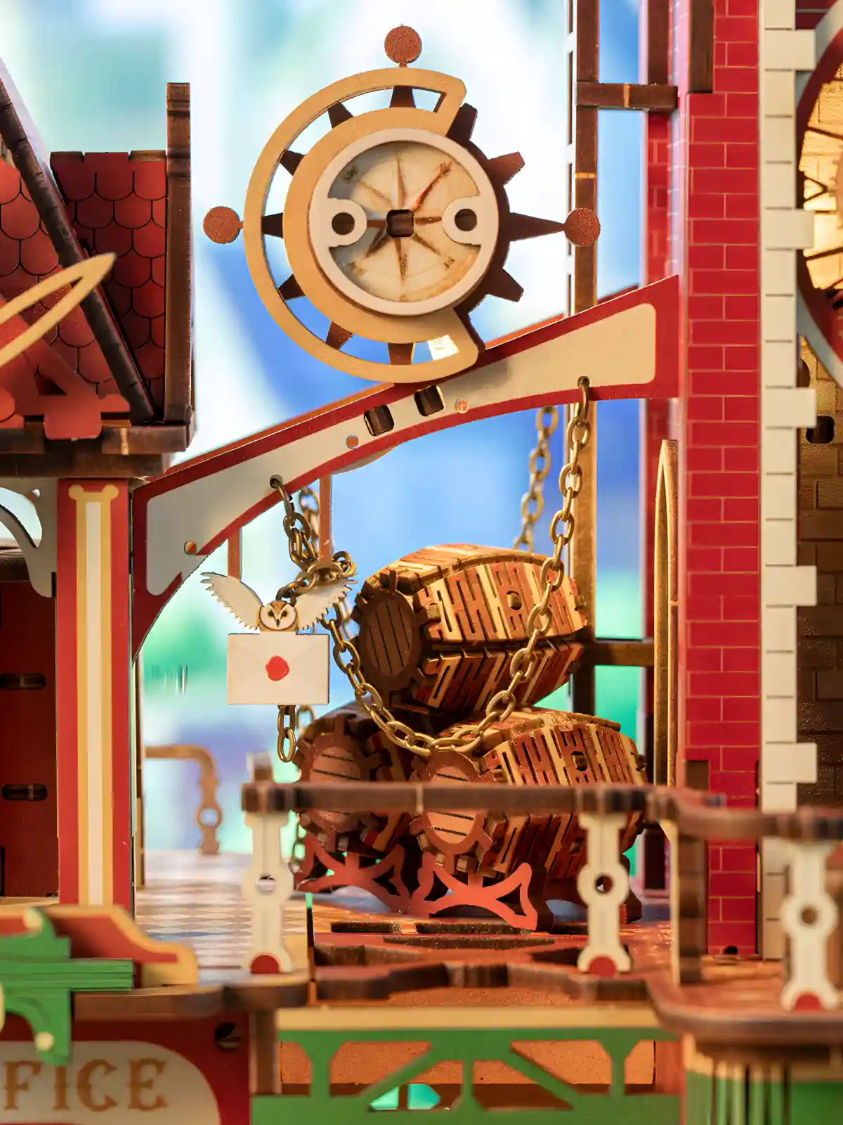 Moving gear wooden puzzle showcasing stacked cargo barrels and a flying mail owl.