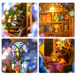 Magical Book Nook Kit close-up details featuring a spiral staircase, magic potions, and stained glass window