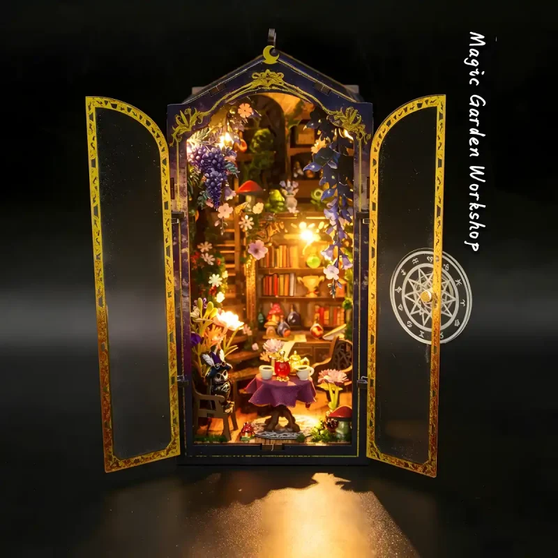 Magic Garden Workshop Book Nook with open gilded doors on a dark background