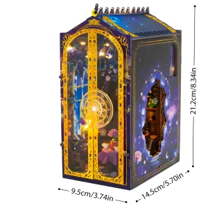 DIY Book Nook Kit specifications indicating 21.2cm height and 14.5cm depth dimensions