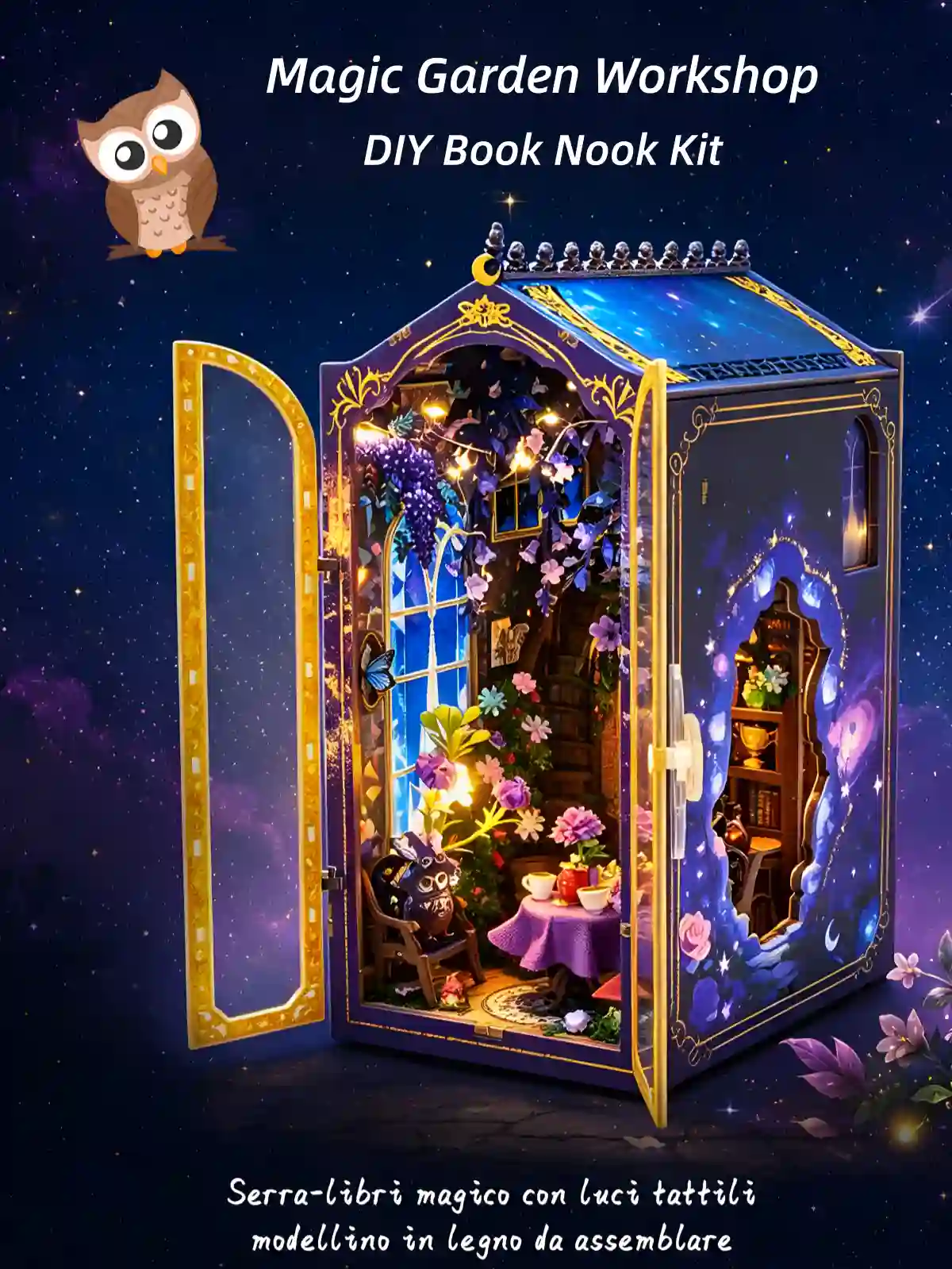 Magic Garden Workshop Book Nook kit with open gilded doors and purple lighting by Rofuntime