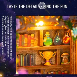 Owl Wizard Miniature bookshelf details showing ancient books and colorful magic potion bottles