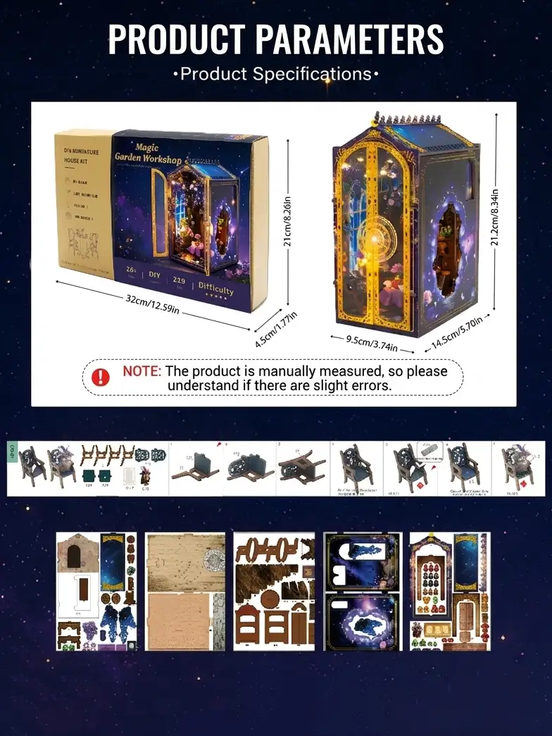 DIY Book Nook Kit packaging box dimensions and unassembled laser-cut wooden puzzle sheets