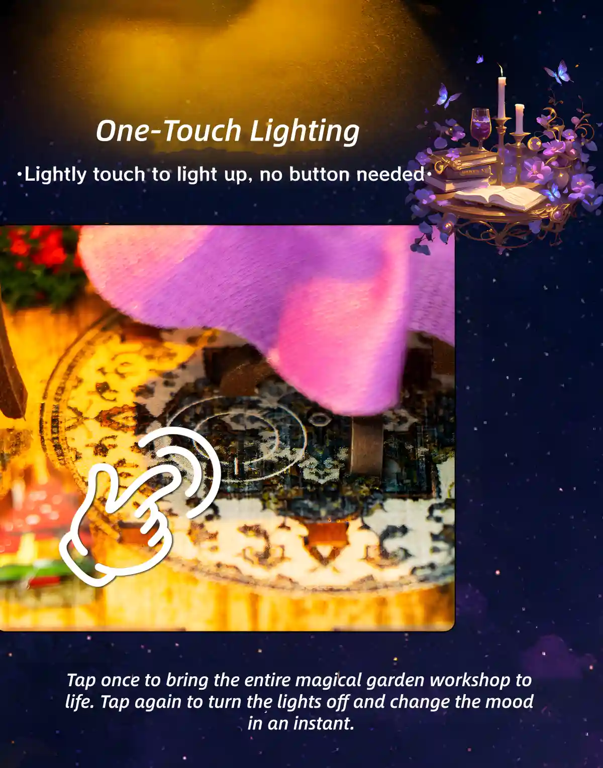 Touch LED Book Nook featuring effortless one-touch lighting sensor on an ornate circular floor carpet