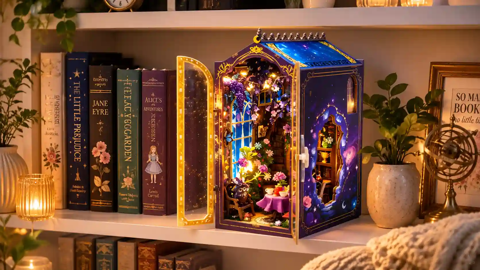 Fantasy Bookshelf Decor displaying Magic Garden Workshop Book Nook nestled between vintage books
