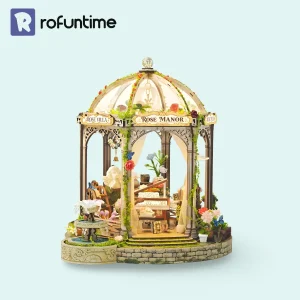 Rose Manor Miniature House under dome with piano garden scenery.