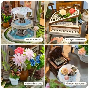 DIY Dollhouse Kit featuring French fountain, piano, and garden details.