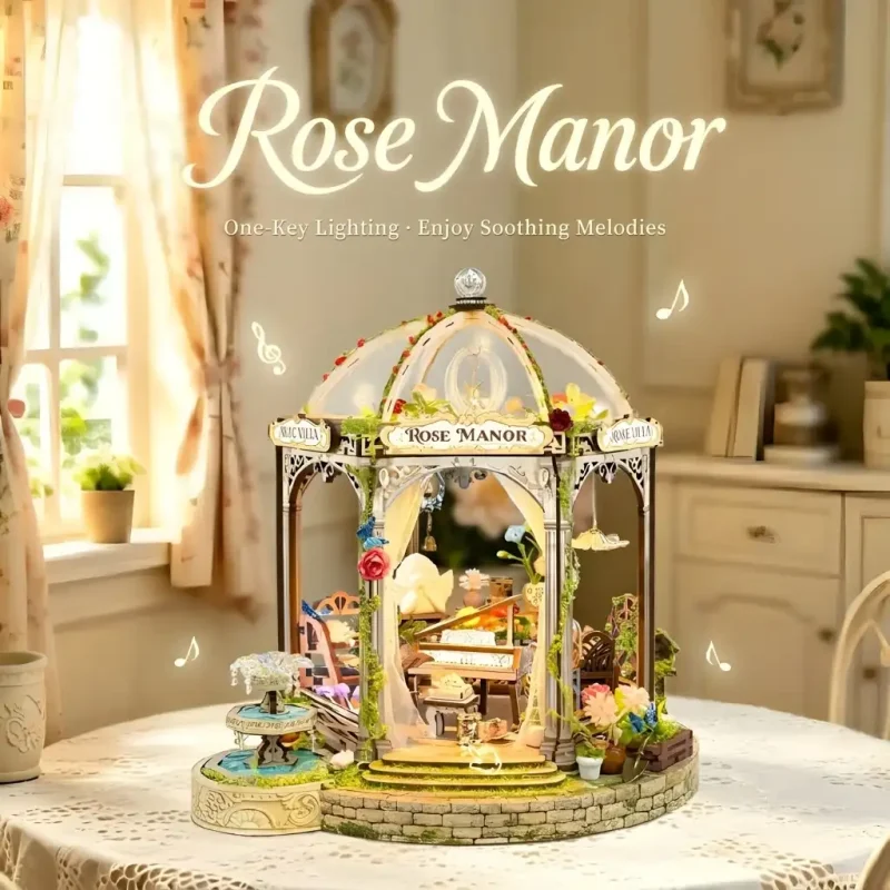 Rose Manor Miniature House cozy desk decor with European style gazebo.