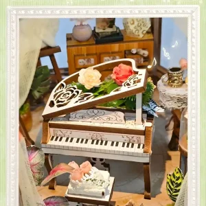 Piano Dollhouse DIY craft kit featuring elegant white grand piano.
