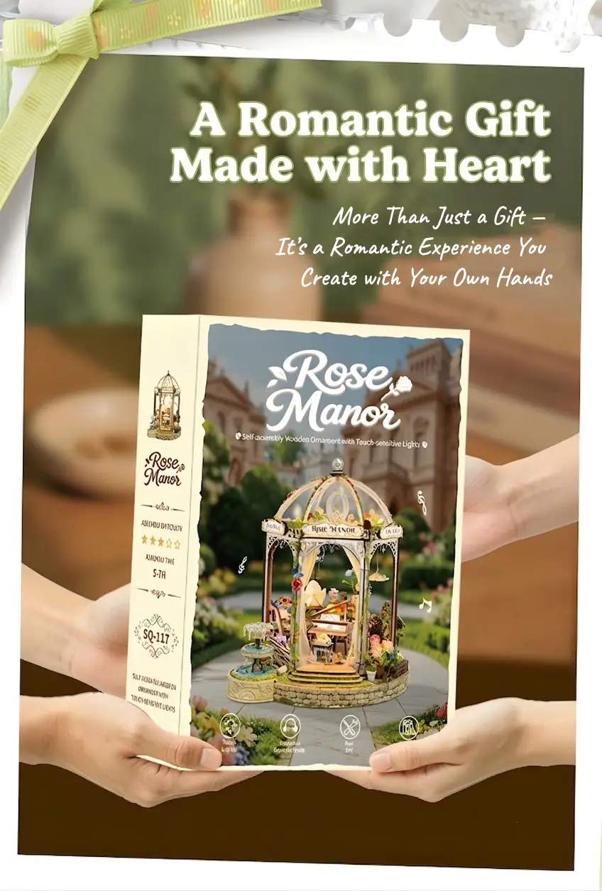 Rose Manor Miniature House retail packaging box as a perfect handmade gift.