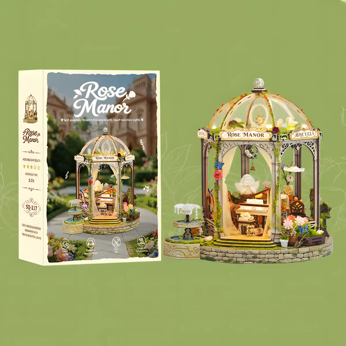 DIY Dollhouse Kit box next to assembled Rose Manor Miniature House model.