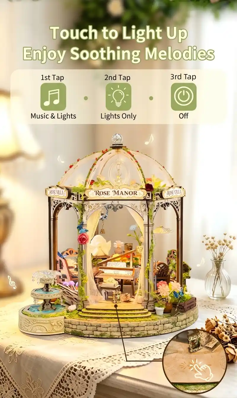 Touch-Control LED Miniature House with three-tap interactive music lighting modes.
