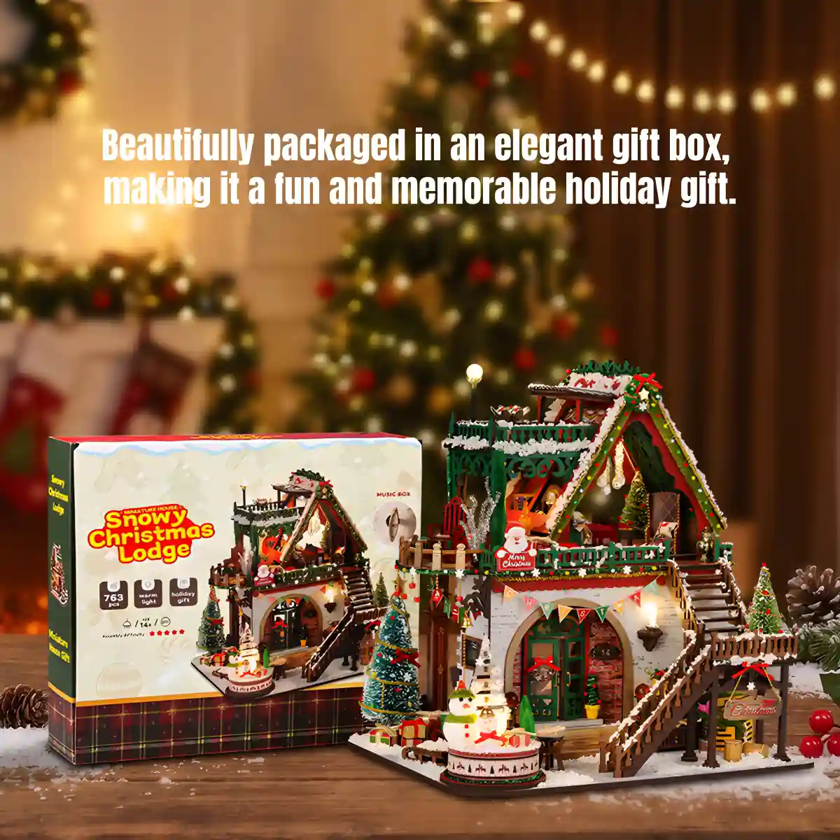 Rofuntime Snowy Christmas Lodge DIY miniature house kit displayed with its elegant holiday gift box packaging.