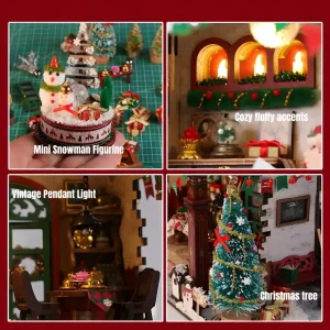 Detailed handcrafted miniature accessories including snowman figurine, vintage light, and decorated Christmas tree.