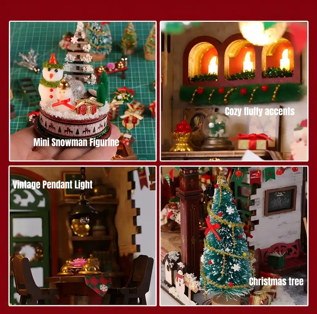 Detailed handcrafted miniature accessories including snowman figurine, vintage light, and decorated Christmas tree.