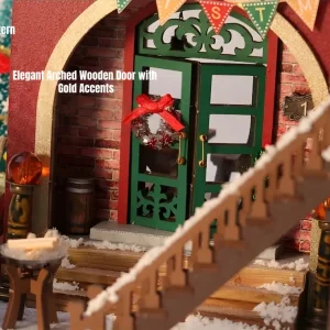 European Christmas cottage front porch with green arched wooden door, red ribbon wreath, and golden accents.
