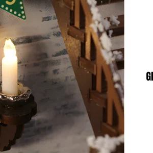 LED miniature house wall sconce candle warm light feature on brick wall next to snow-covered stairs.