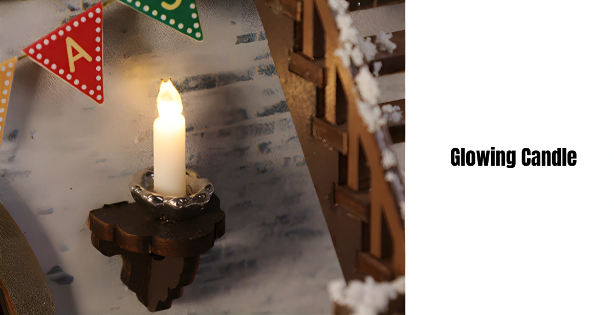 LED miniature house wall sconce candle warm light feature on brick wall next to snow-covered stairs.