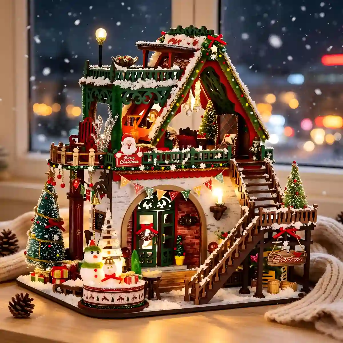 Illuminated winter cabin miniature styled on table near window for cozy festive home decor.
