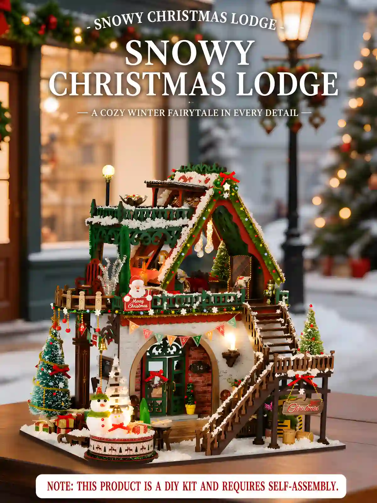 Snowy Christmas Lodge Miniature House with glowing LED lights
