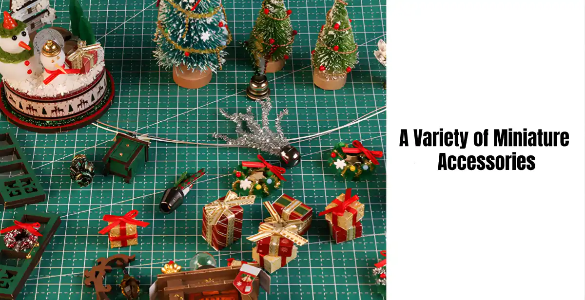 A variety of Christmas DIY craft accessories including mini trees, gift boxes, and snowman figurine.
