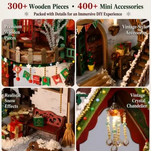 Handcrafted miniature features including premium wooden pieces, realistic snow effects, and vintage crystal chandelier.