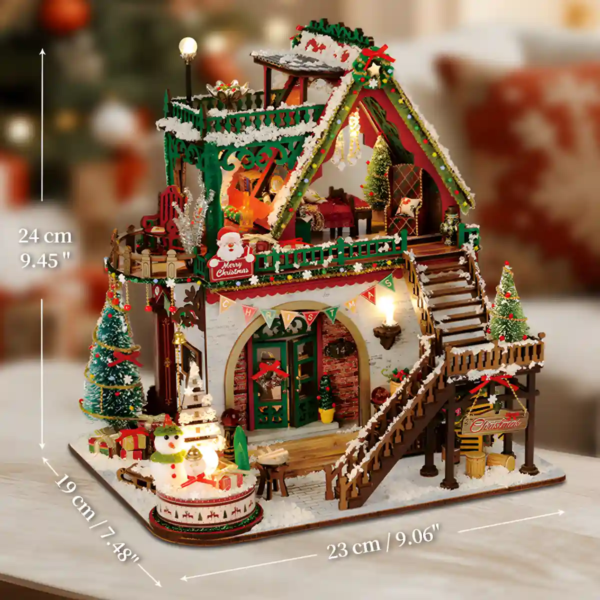 Assembled Snowy Christmas Lodge miniature house displaying compact product dimensions and overall layout.