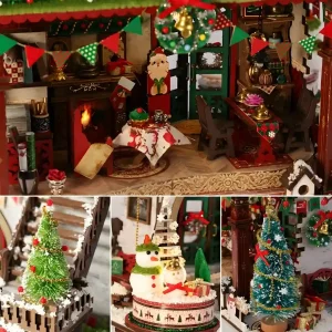 Cozy fireplace, dining table, mini Christmas tree, and snowman figurines in winter cabin miniature.
