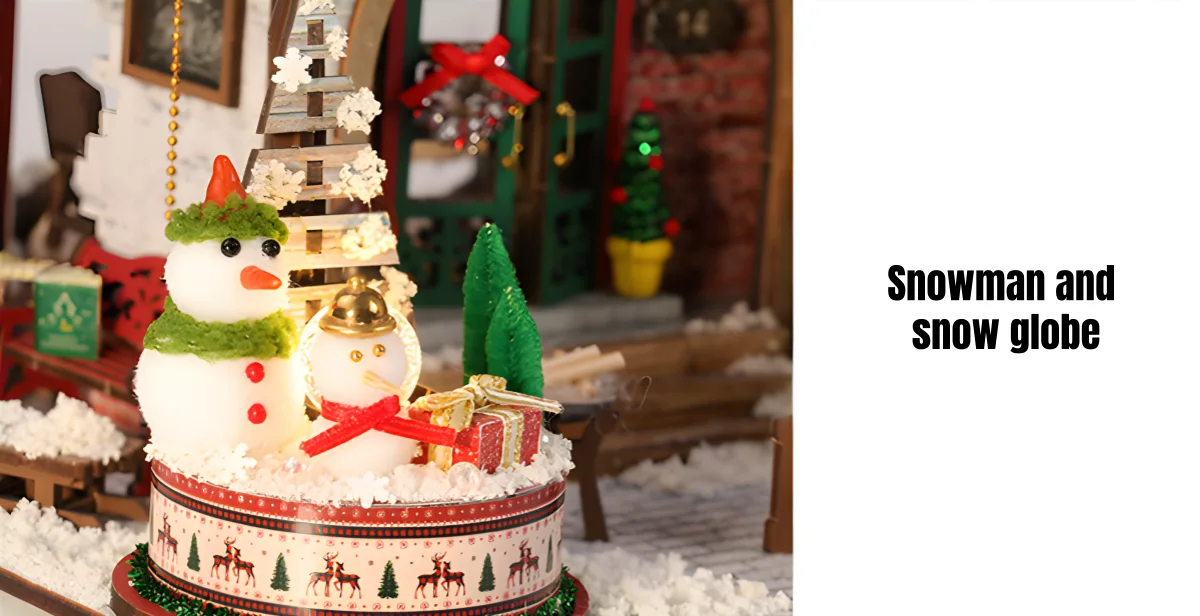 Illuminated snowman figurine and snow globe decoration on music box base for Christmas DIY craft.