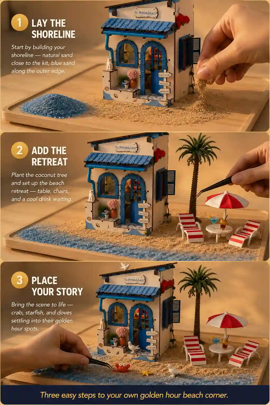 Three easy steps for DIY beach miniature accessories and scene transformation.