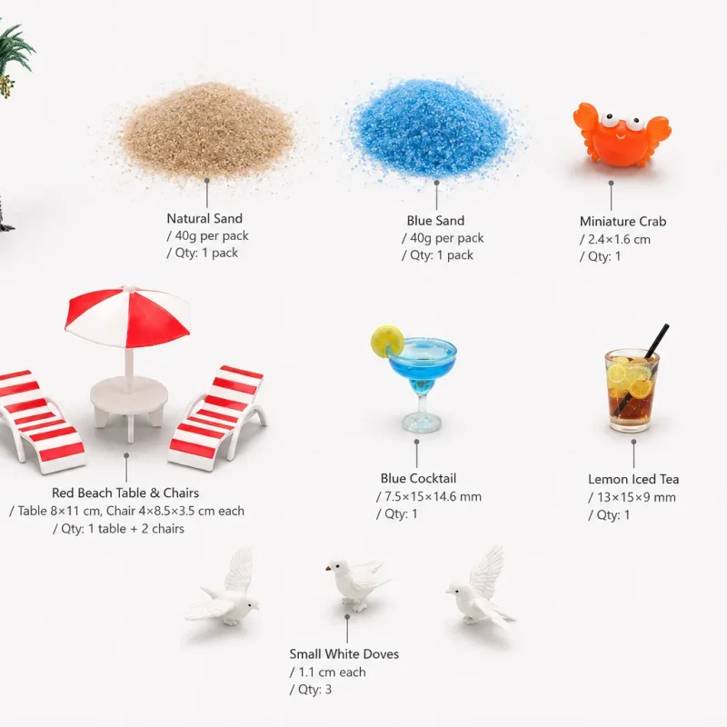 Complete Rofuntime transformation kit package featuring coconut tree miniature and beach sand.