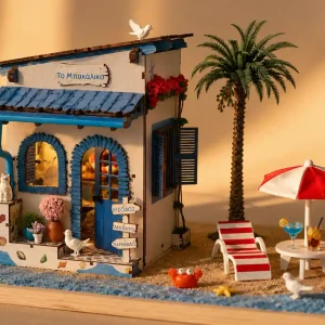 Mediterranean miniature decor with blue-roofed miniature house accessories and sandy shore.