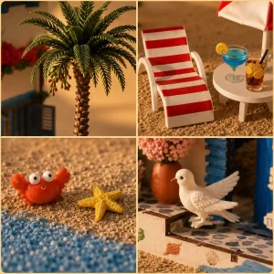 Close-up of beach diorama accessories including coconut tree miniature and tiny crab.