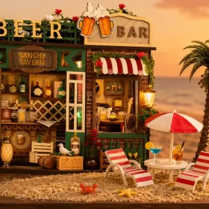 Miniature vacation scene using Vanchy Tavern kit with customized beach book nook accessories.