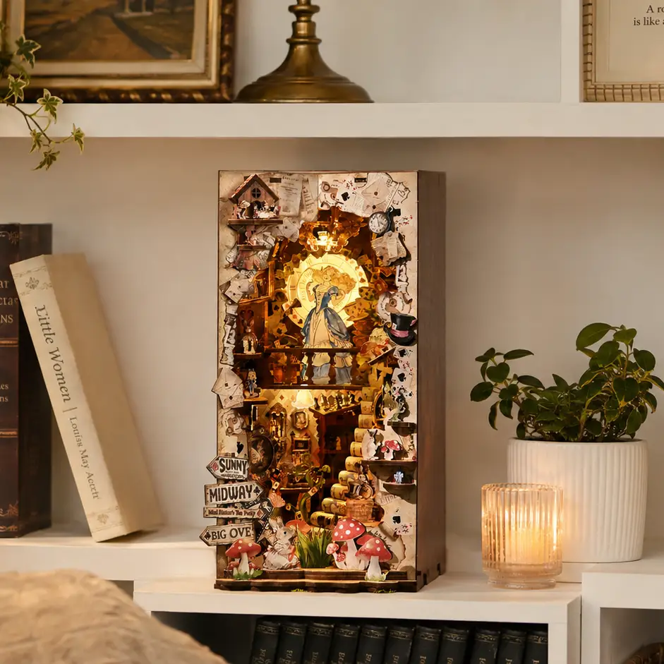 DIY bookshelf insert placed between books, illuminated wooden miniature model kit