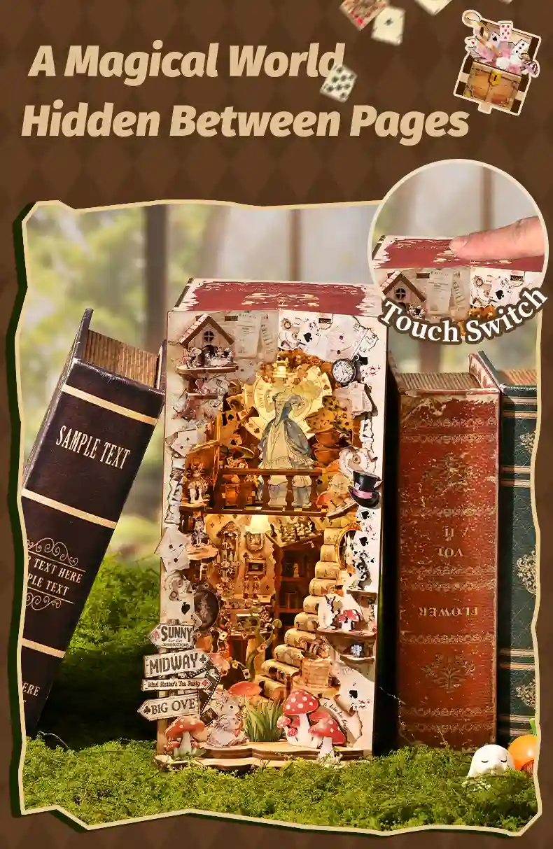 Alice book nook nestled on bookshelf, DIY book nook kit touch light demonstration