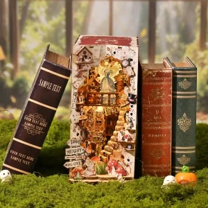 Literary miniature scene between vintage books, Alice themed book nook kit on bookshelf