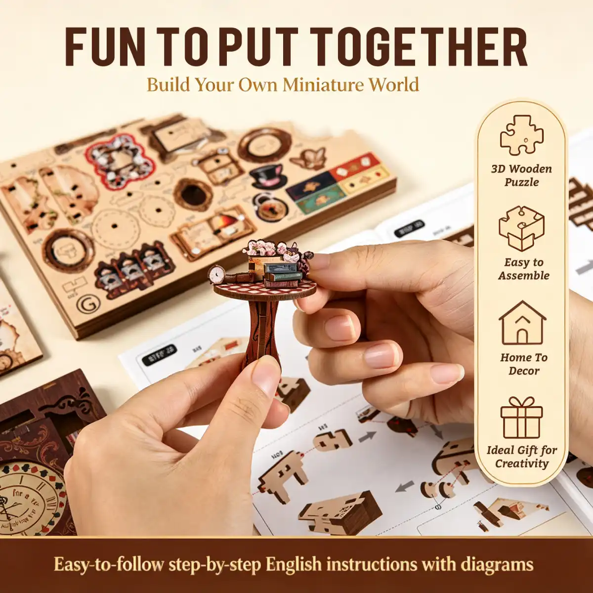 Adventures in the Book Crevices Book Nook, 3D wooden puzzle assembly with instructions