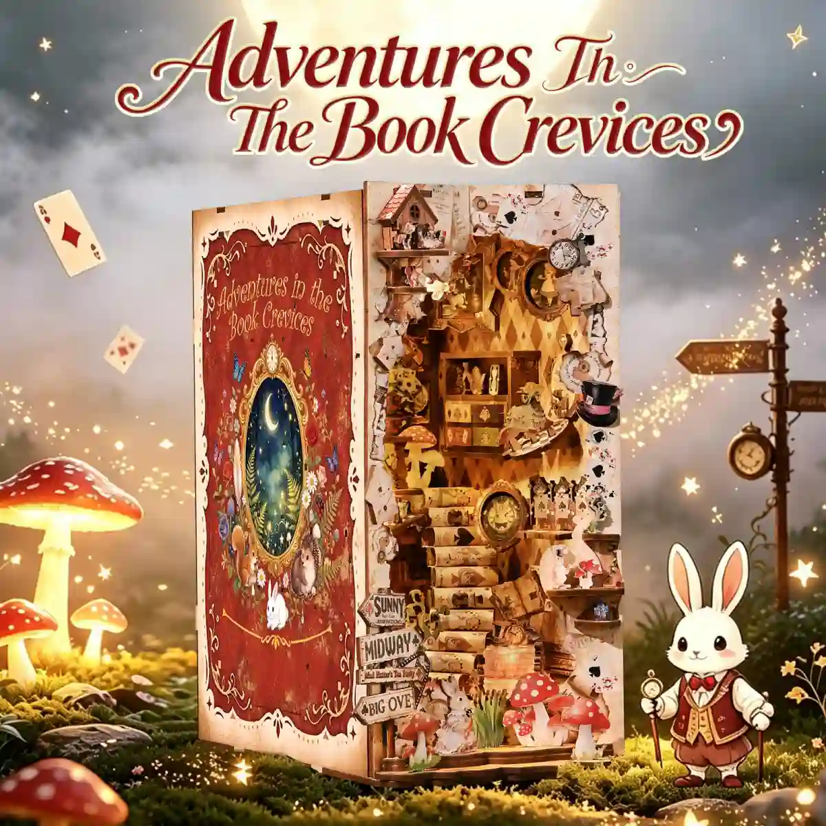 Alice themed book nook kit with glowing lights in fairytale forest scene