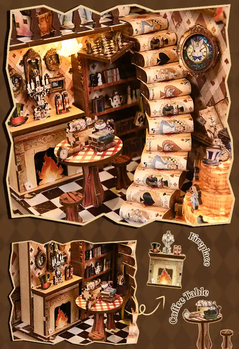 Alice book nook miniature interior with cozy fireplace and tea table