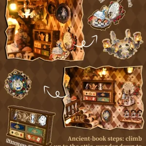 Alice themed book nook kit with miniature storage shelf and rose clock