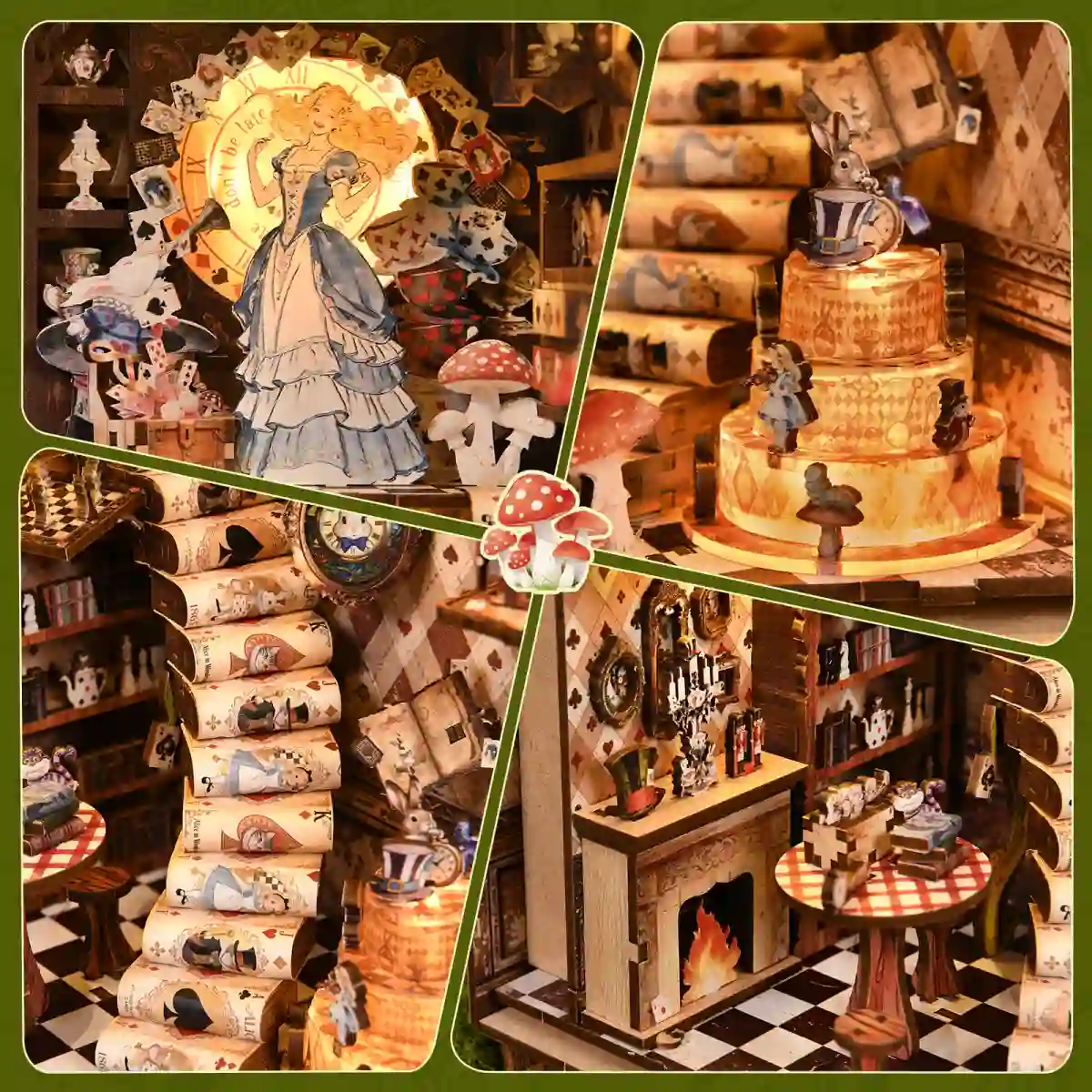 Adventures in the Book Crevices Book Nook, 3D wooden puzzle interior detail collage