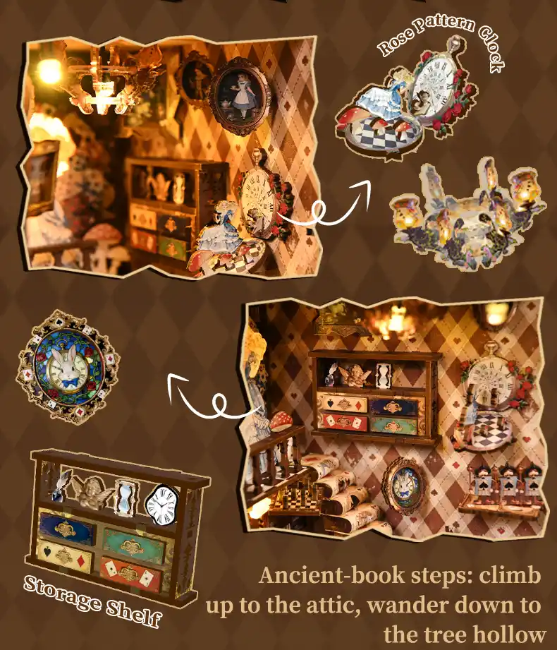 Alice themed book nook kit with miniature storage shelf and rose clock