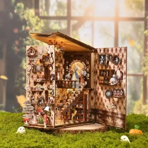Open fairytale book nook showing full interior layout and hinged side panel