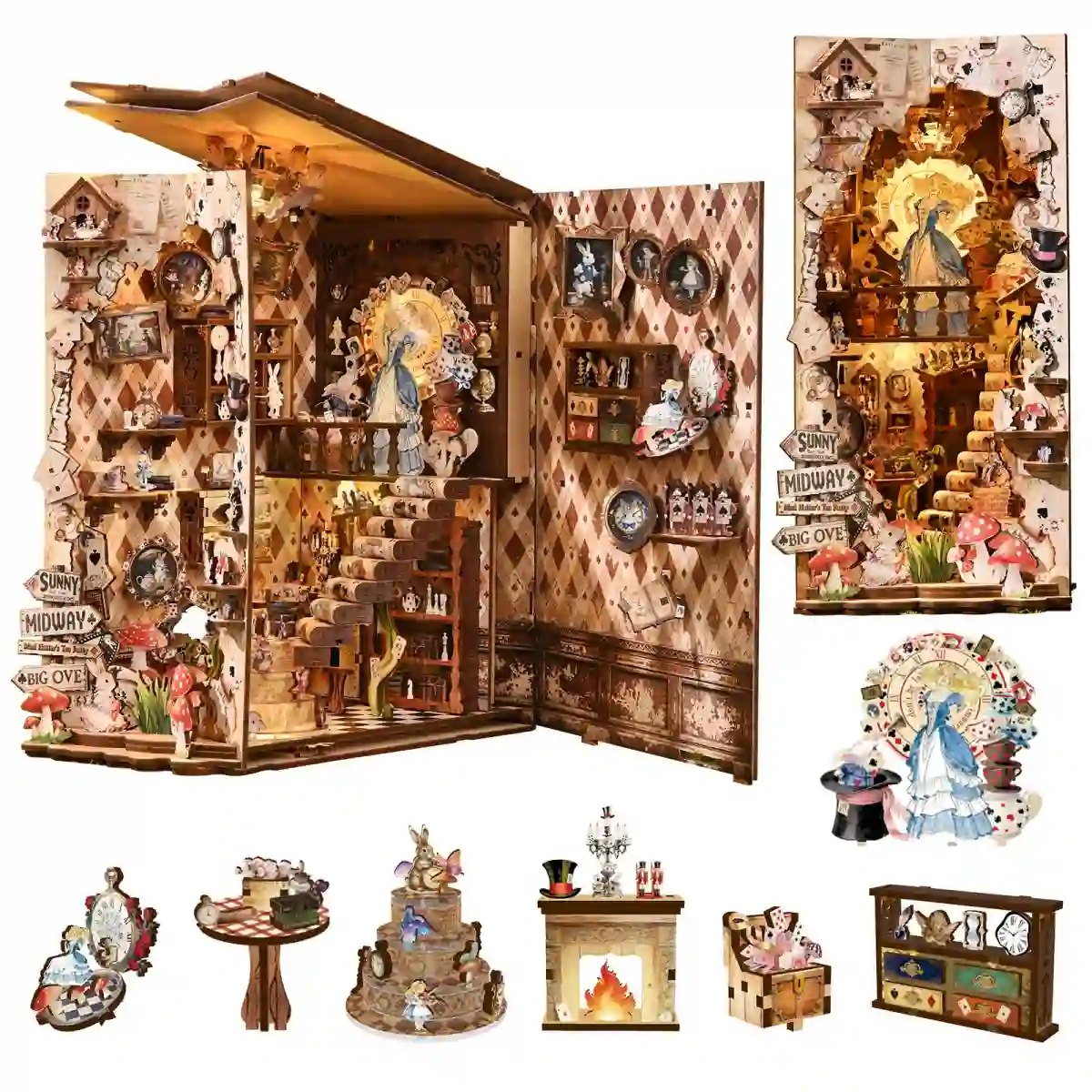 Adventures in the Book Crevices Book Nook open layout with Alice themed miniature furniture
