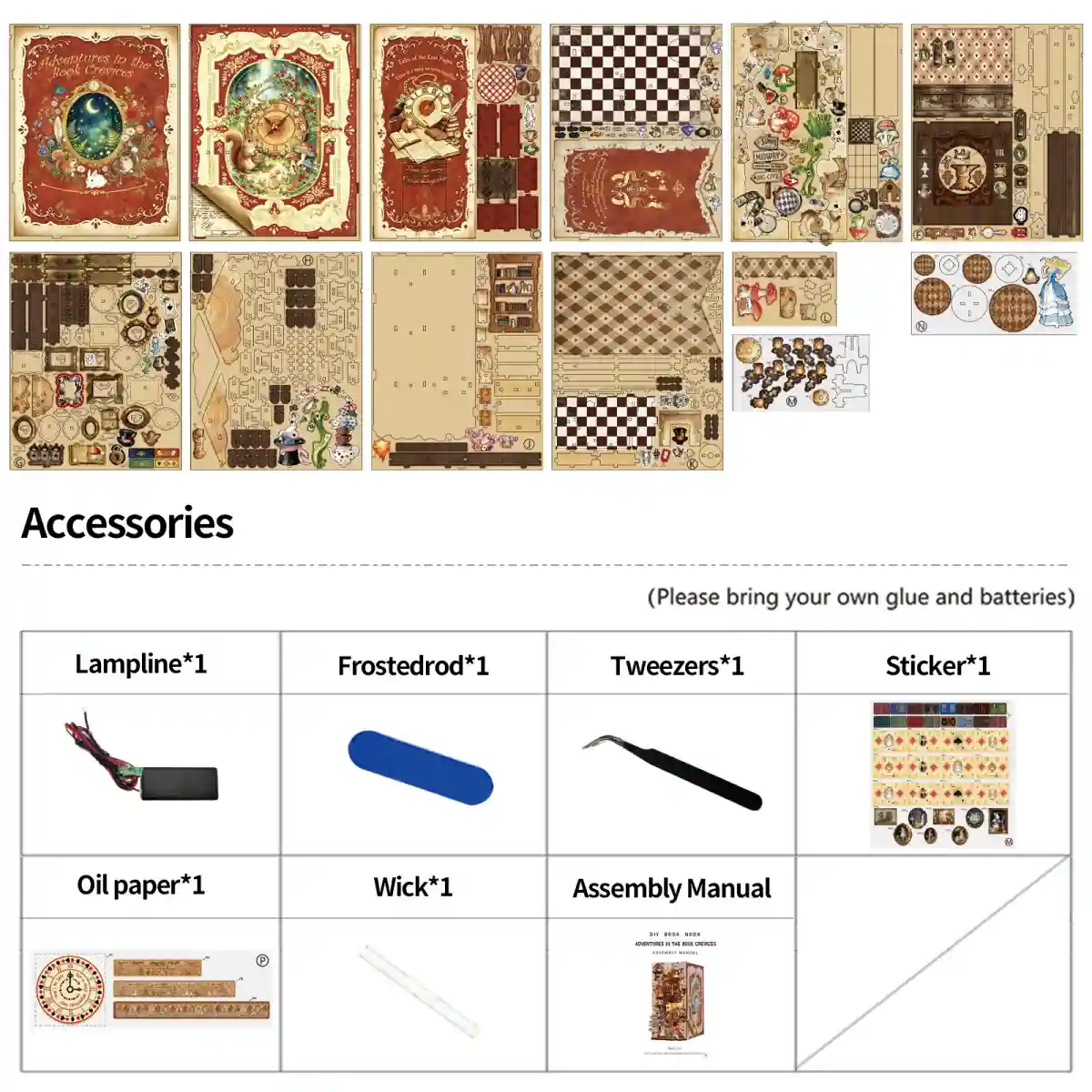 DIY Book Nook Kit laser cut wooden sheets and assembly tools list