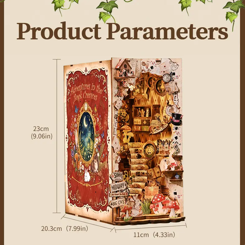 Alice themed book nook kit dimensions diagram, literary miniature scene