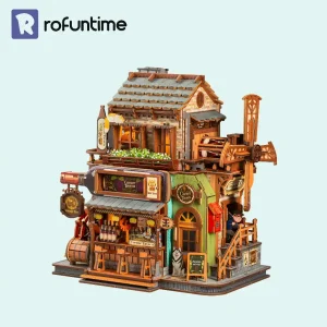 Rofuntime 3D Wooden Puzzle European tavern miniature DIY wooden model kit clean background