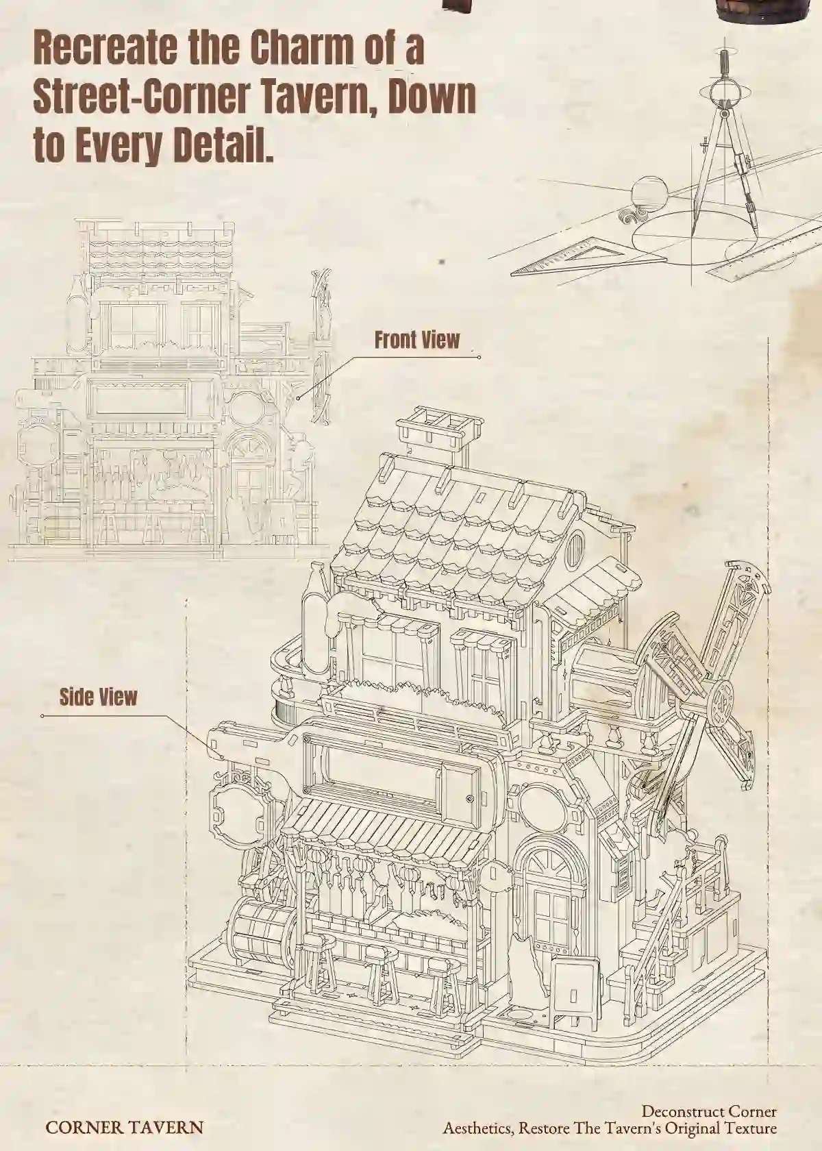 Corner Tavern 3D Wooden Puzzle architectural blueprint front side view schematic DIY wooden model kit