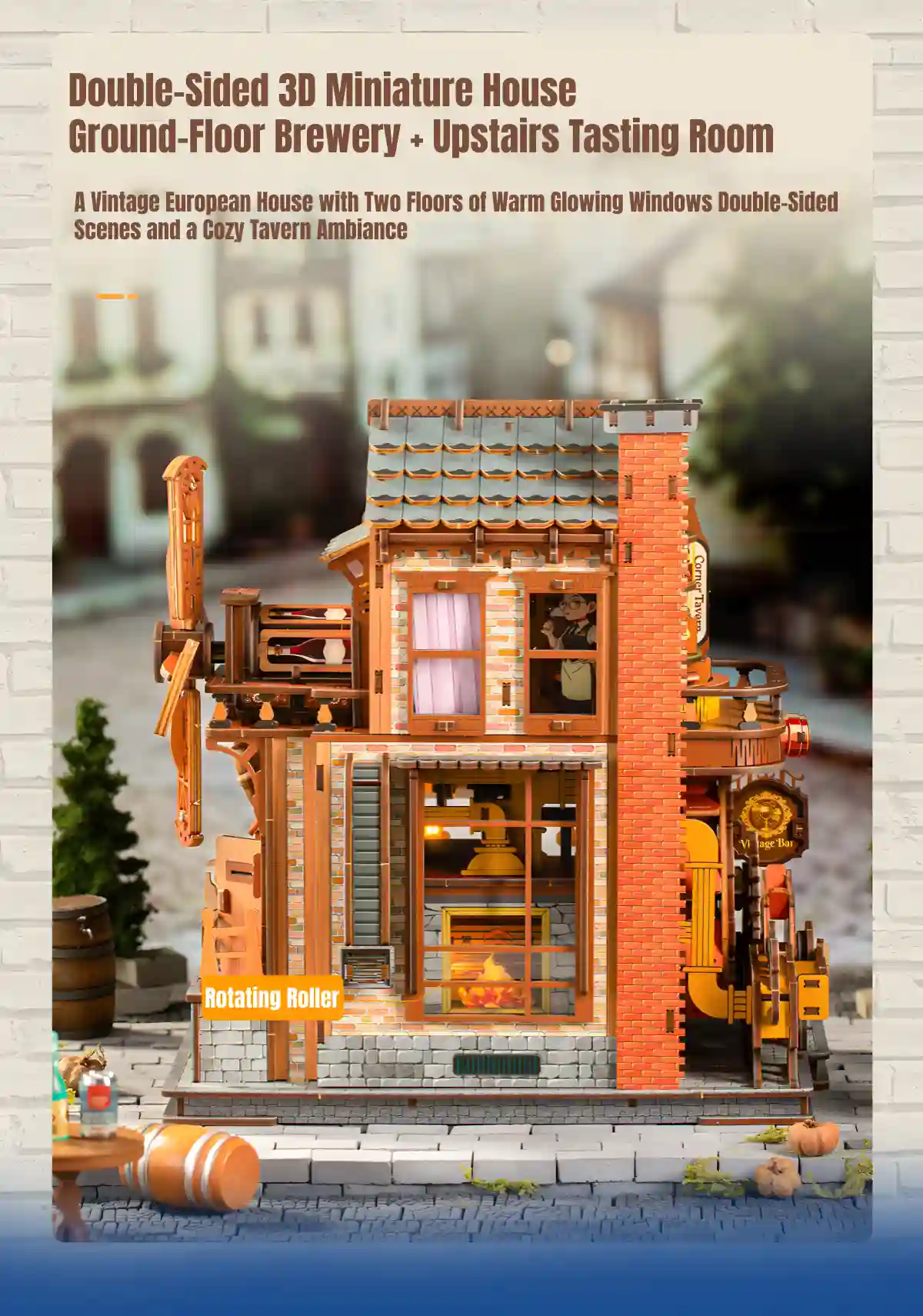 Corner Tavern 3D Wooden Puzzle double sided European village scene miniature house rotating roller